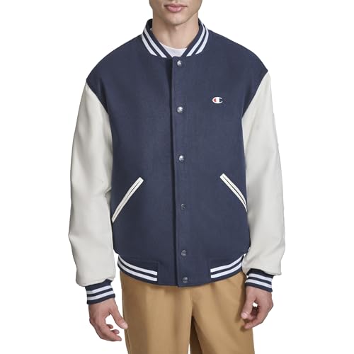 Champion スタジャン Lサイズ ネイビー/ホワイト Champion Men's Letterman Varsity Bomber Jacket with Quilted Lining